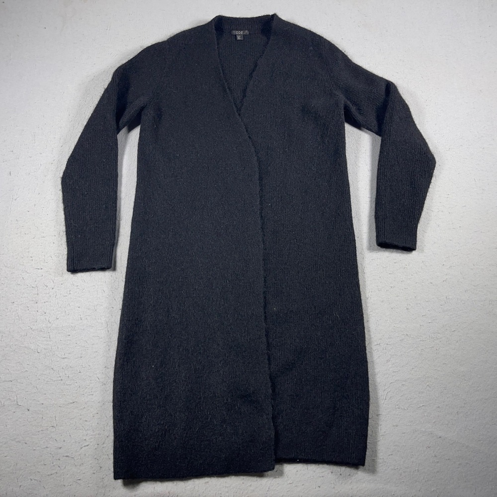 COS Cardigan Women‎ XS Black Longline Open Front Mohair Wool Blend Minimalist
